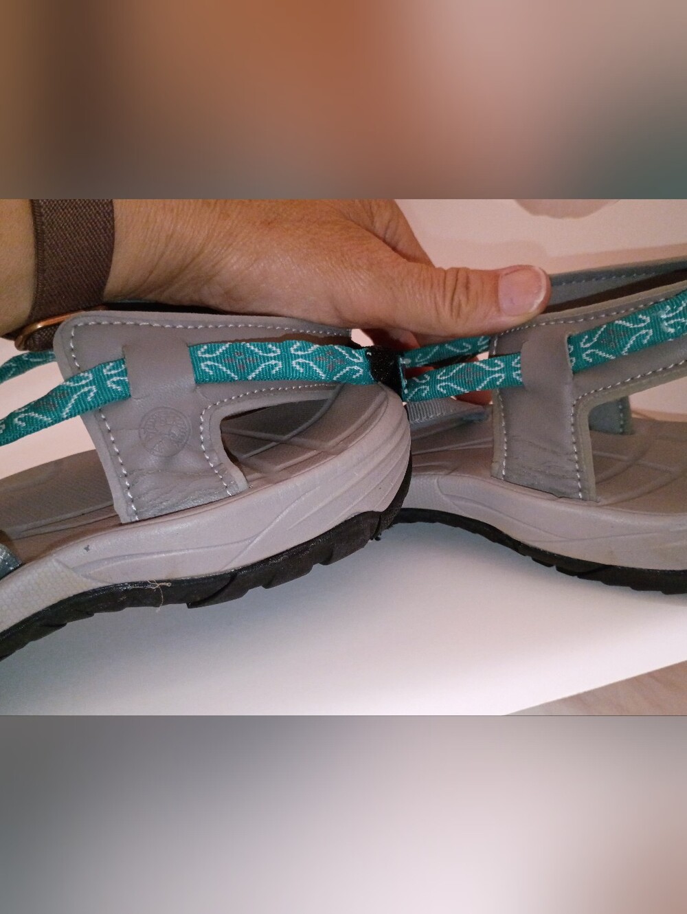 Covina Women's Gray Sandals with Teal Patterned Straps - Picture 4 of 5